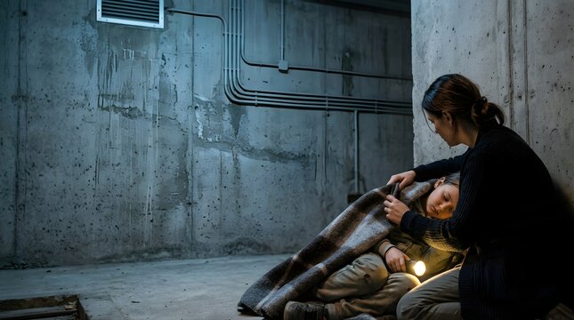 Mother comforting child with flashlight hiding in dark concrete basement