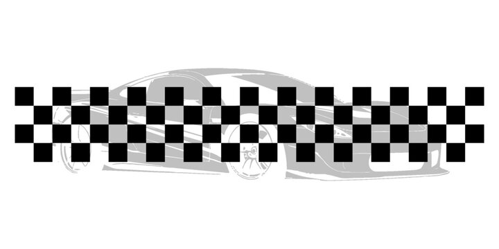Minimal black and white checkered racing motion stripe, simplified motorsport flag squares fading forward, clean speed accent element for car branding, race posters, esports graphics