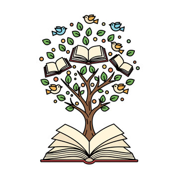 Concept of Knowledge and Wisdom with a Tree Growing from an Open Book and Flying Books for Education and Literacy