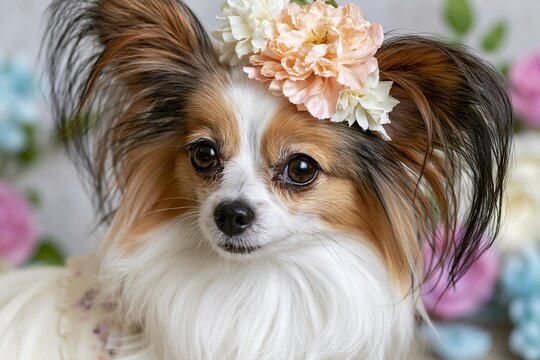 花飾りをつけたパピヨン犬が目線で優しく見つめる可愛い顔