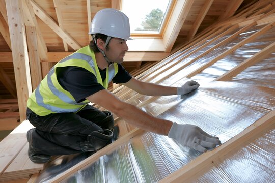 建築工事現場でヘルメットの作業員が断熱材を貼る様子