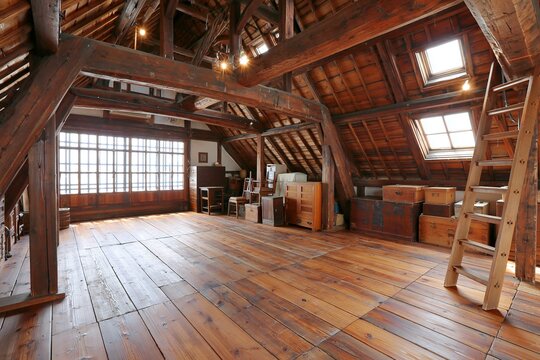 広々とした古民家の屋根裏部屋木製梁と床が趣ある空間