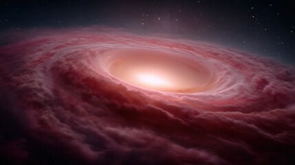 Fototapeta premium A glowing spiral galaxy with vibrant red clouds and a bright core against a starry space background.