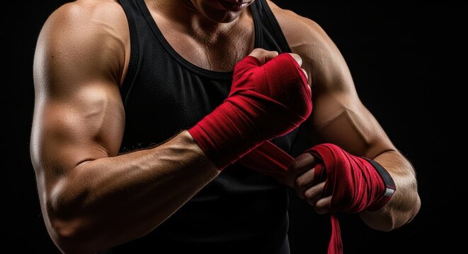 Muscular Boxer Wrapping Hands with Red Bandages Before Training Session, Intense Fitness and Combat Sports Preparation