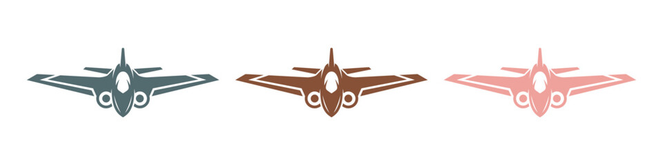 Fighter jet plane icons in different colors showing a modern military aircraft design for aviation symbols or graphic design projects © Progotibd303