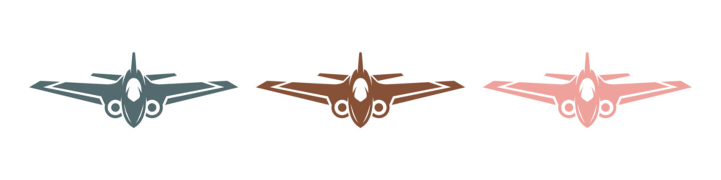 Fighter jet plane icons in different colors showing a modern military aircraft design for aviation symbols or graphic design projects