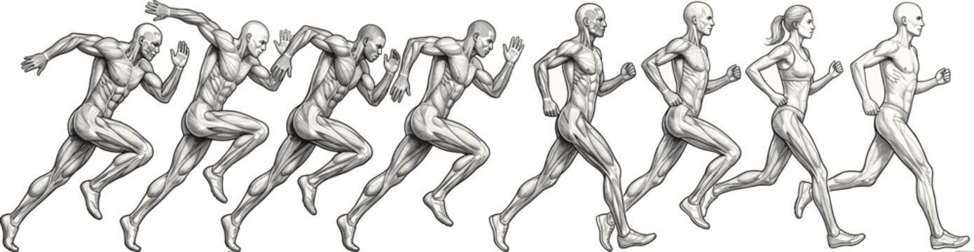 Human Muscular Anatomy and Physiology Motion Study Illustration of Running Figure Sequence for Medical Education