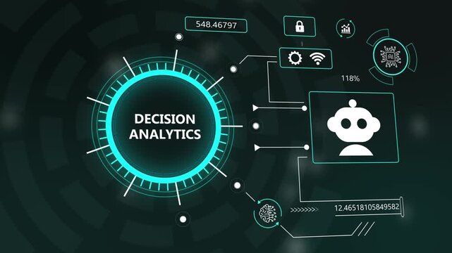 Futuristic decision analytics HUD interface with artificial intelligence robot icon and digital data visualization for high-tech business automation and corporate strategy.