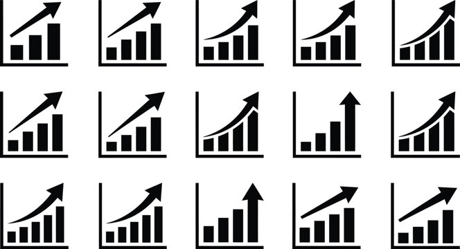 Growth chart icons set business progress and financial success indicators