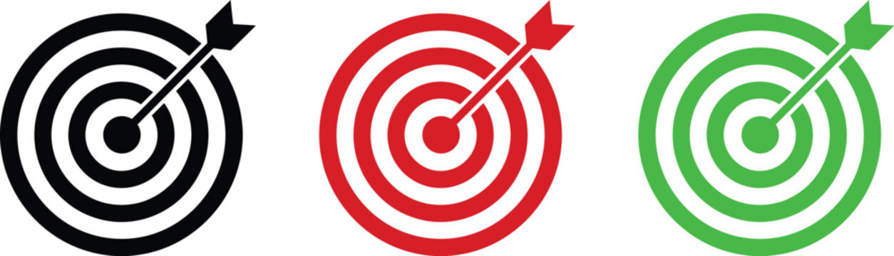 Target icon set black red and green bullseyes with arrows precision and goal achievement