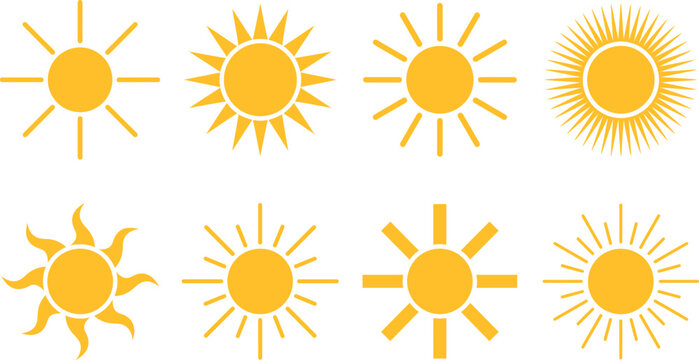 Eight yellow sun icons collection summer weather symbols and bright sunshine graphics