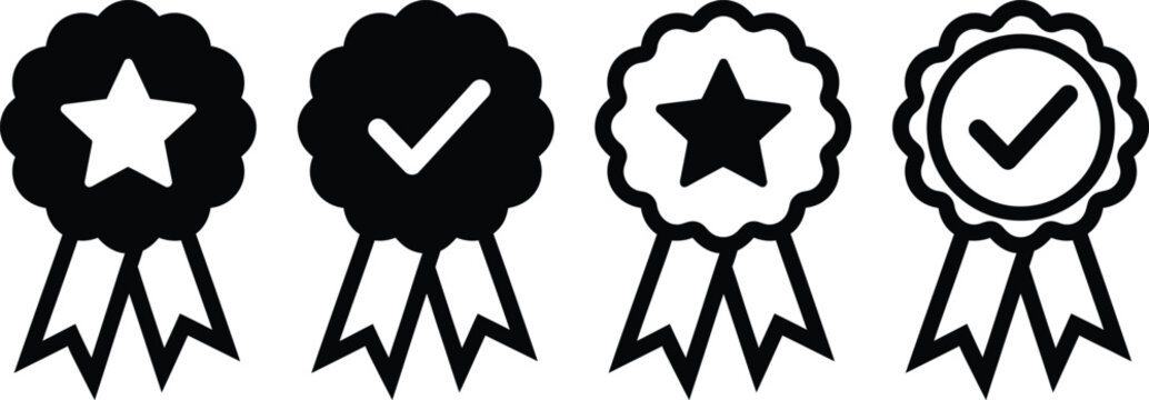 Award ribbons and badges collection star and check mark icons