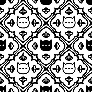 Black and white seamless pattern featuring alternating cat heads and floral ornaments in a tiled arrangement