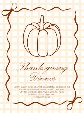 Minimalist Thanksgiving dinner invitation template with outline pumpkin and plaid background whimsical