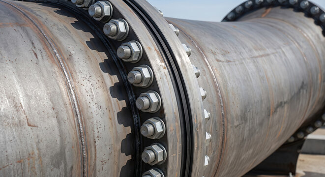 Industrial steel pipe flange joint with large bolts secure connection in heavy manufacturing.