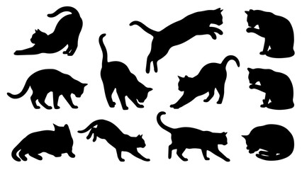 Set of cat silhouettes in various poses. Black feline icons showing jumping and stretching. © Muneeb