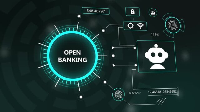 futuristic open banking digital hud interface with artificial intelligence chatbot icon & fintech network. cyberpunk style fintech dashboard for open banking api integration & autom robot assistants.
