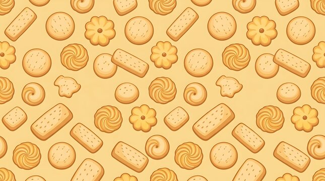 Assorted golden brown cookies and biscuits seamless background pattern