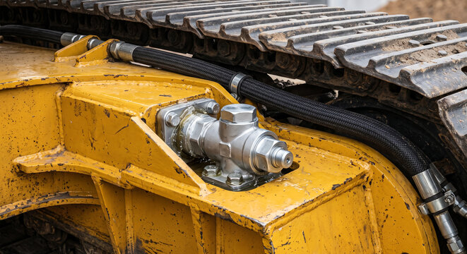 Tensioner and hydraulic fitting on crawler track system of yellow heavy construction vehicle.