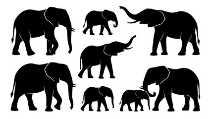 African elephant silhouettes walking. Black elephant herd icons. © Muneeb
