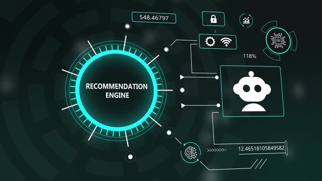 Futuristic AI Recommendation Engine Interface with Data Analysis, Machine Learning, and Network Security Concepts. Digital display of artificial intelligence, processing, and automation for business