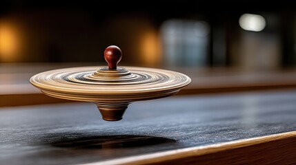 Obraz premium Wooden spinning top rotates on polished wooden surface with soft natural light creating depth and shadows