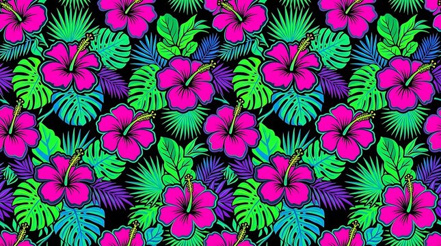 Neon pink hibiscus and green monstera leaf seamless pattern