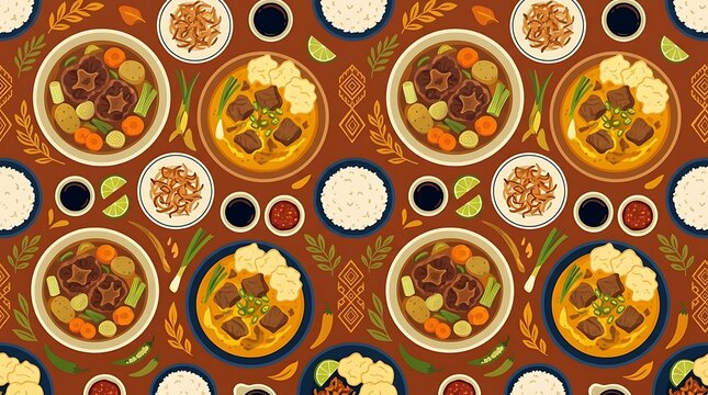 Filipino beef stew and rice seamless pattern with warm colors