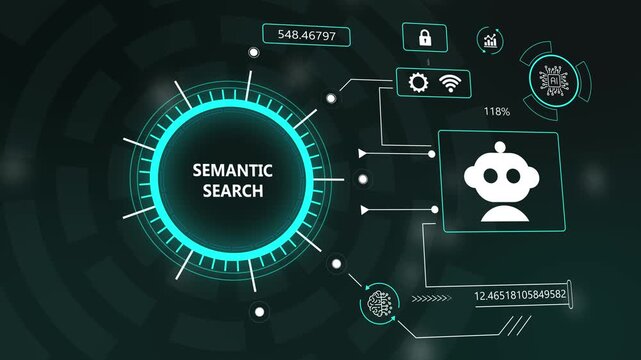AI semantic search HUD interface with data analytics and robot assistant icons