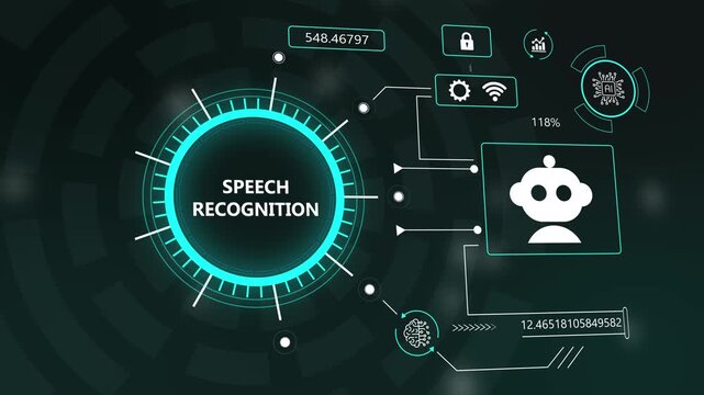 Futuristic Speech Recognition Interface featuring AI Chatbot Icon and Digital HUD Data Visualization for Smart Assistant Technology
