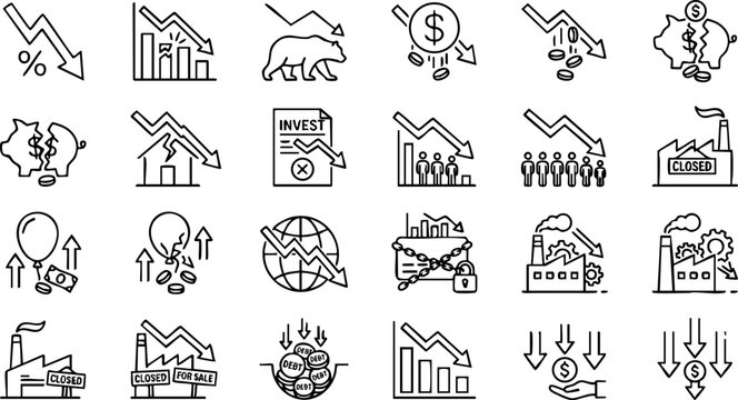 Collection of economic recession and market decline linear outline icons with recession, economic