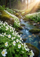Obraz premium Idyllic stream flowing through forest with white flowers and sunlight