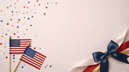 Obraz premium Labor day celebration american flags ribbons and confetti on a pastel background
