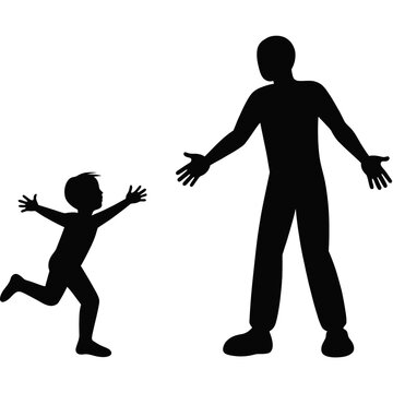 Father standing with open arms to welcome his small child running toward him for a big hug.