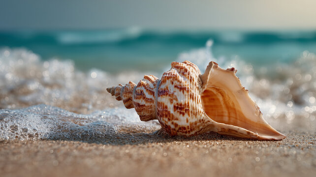 A conch shell predominantly light brown and white, is the central focus of this eye level, horizontal outdoor photograph. it lies on a sandy beach. Ai generated