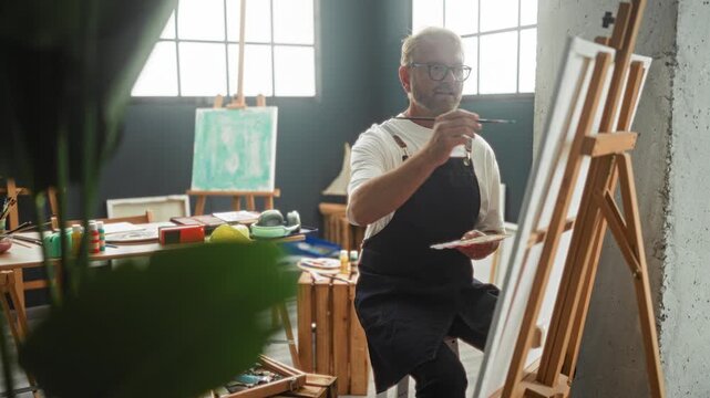 Man painter in apron and glasses holds brush painting canvas on wooden easel in bright loft studio with palette and art supplies; quiet concentration.