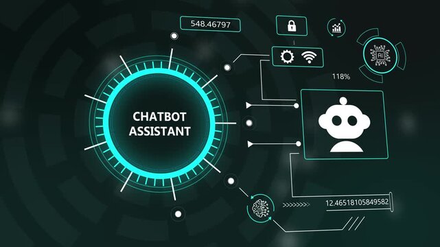 AI chatbot assistant digital HUD interface with automation icons and data analytics for futuristic customer support technology.