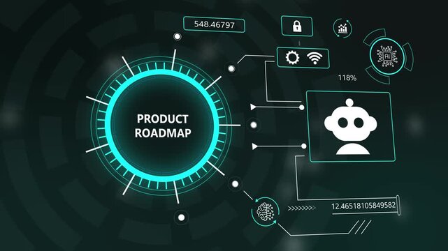 Dynamic Product Roadmap Holographic Display with AI and Data Analytics - Modern Technology Business Strategy Concept Background