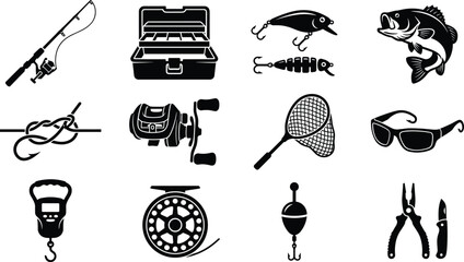 Black and White Fishing Equipment Silhouette Icon Set Featuring Rod Reel Bass Fish Baits Tackle Box Knot Sunglasses and Angling Gear © Icon Designs