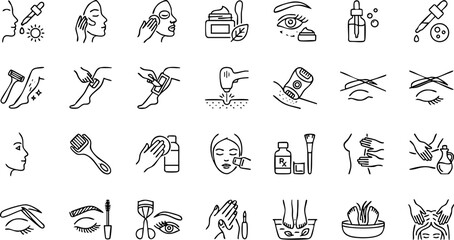 Fototapeta premium Cosmetic procedures and skincare routine line icons with skincare cosmetics dermatology treatment