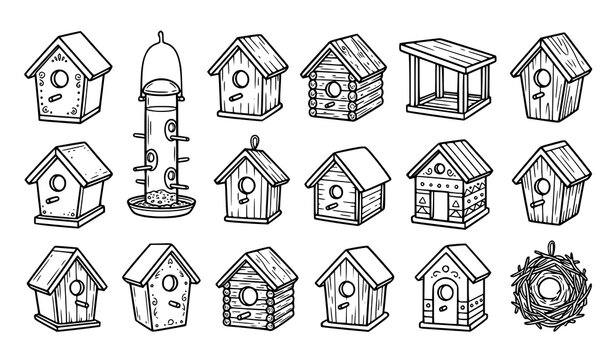 Cute Birdhouse Doodle Collection with Bird Feeders Vector Illustration