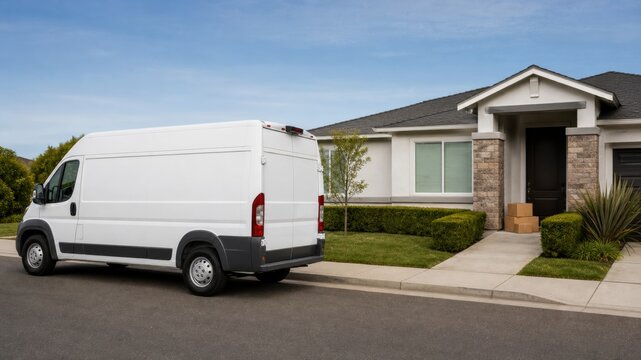 Delivery van parked outside a house with two packages on the porch in a residential neighborhood during the day