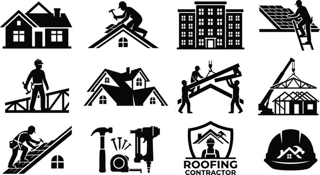 Black and White Roofing and Construction Icon Set Featuring Builders Installing Roof Tiles Solar Panels Houses Framework and Handyman Tools