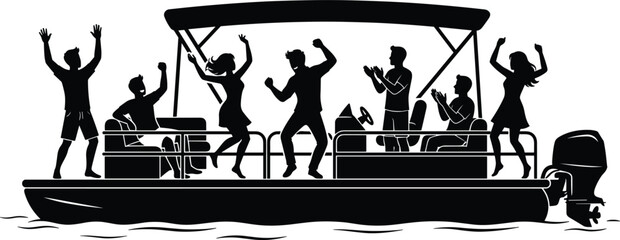 Group of young friends having a fun dance party celebration on a pontoon motor boat vector silhouette illustration. © MdAnarulIslam