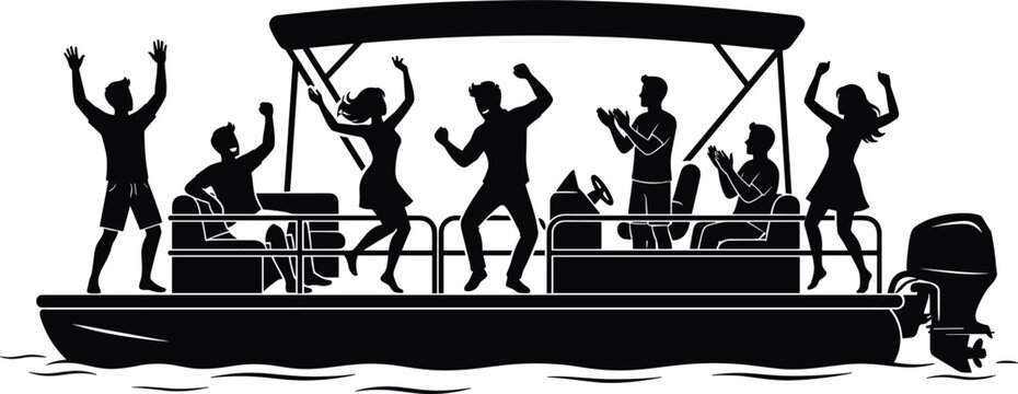 Group of young friends having a fun dance party celebration on a pontoon motor boat vector silhouette illustration.