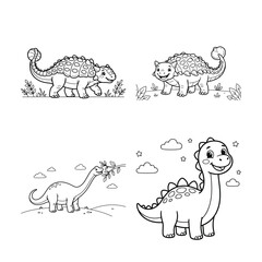 Cute Dinosaur Coloring Page Vector Set for Kids Activity Book, Ankylosaurus and Brachiosaurus Sauropod Line Art Cartoon © GDRAMJAN2.0