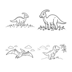 Cute Dinosaur Coloring Page Vector Set for Kids Activity Book with Parasaurolophus, Pterodactyl, and T-Rex © GDRAMJAN2.0