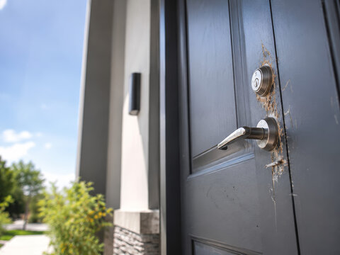 Una puerta con marcas visibles cerca de una casa en una tarde soleada