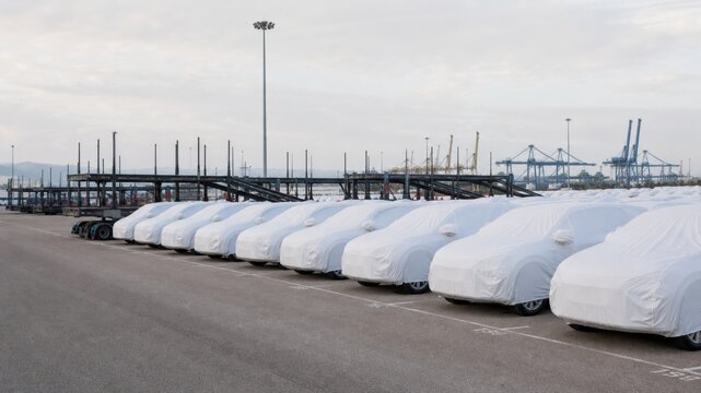 Cars covered with protective sheets in a shipping yard with cranes in the background