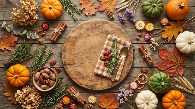 Autumn harvest table setting with pumpkins pecans and fall foliage